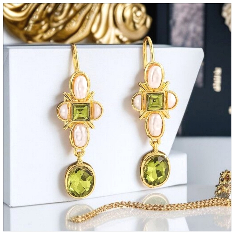 Magnificent 18k Gold Plated Maltese Cross Peridot Crystal Baroque Pearl Earrings